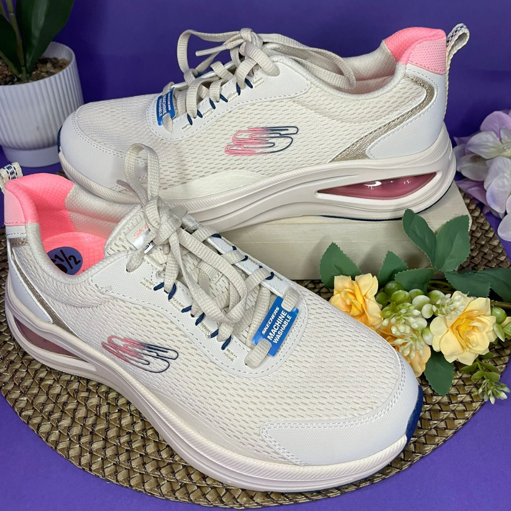 TENIS - SKECHERS  BLANCO CREMA CON ROSA NEÓN